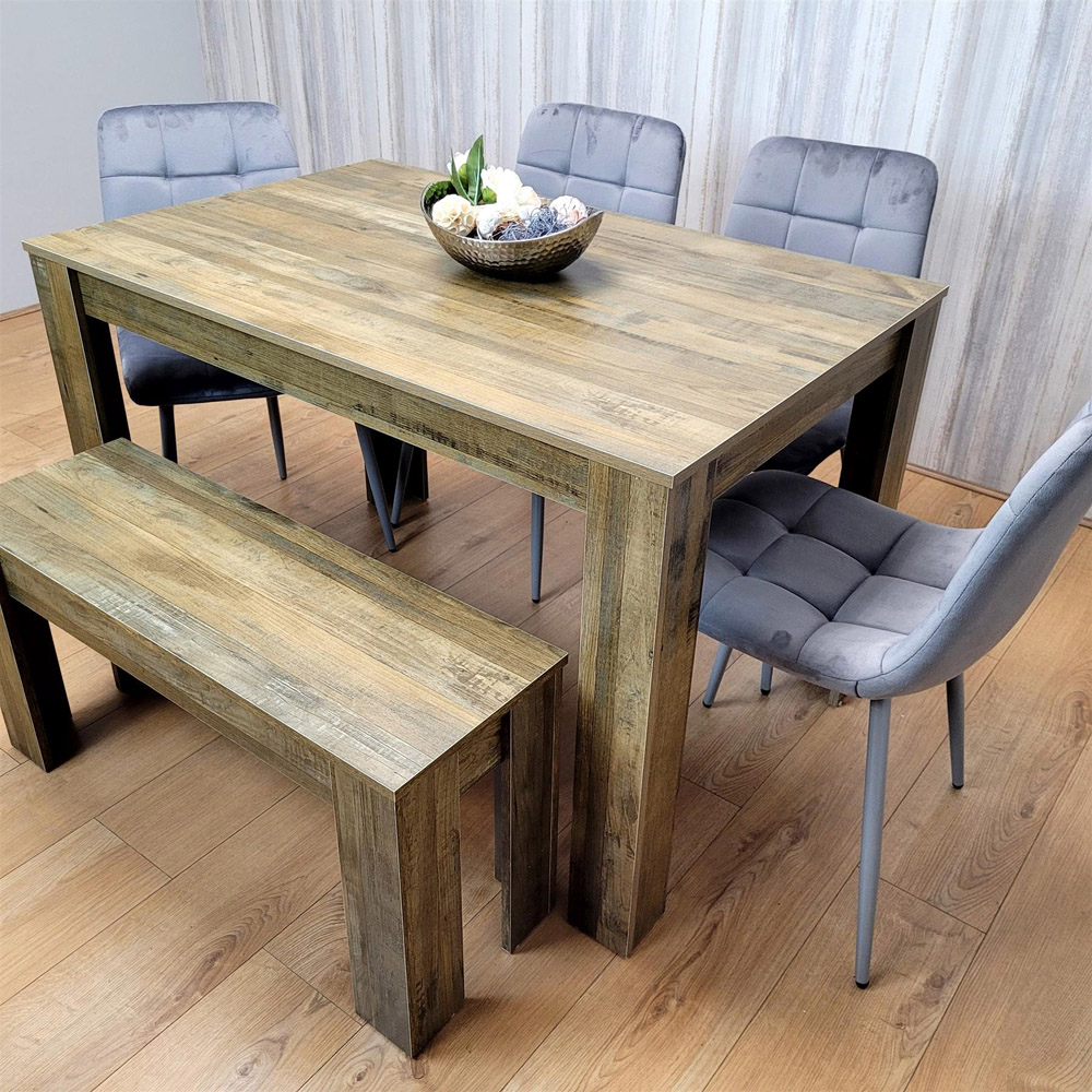Portland 6 Seater Velvet Dining Bench Set Rustic Effect and Grey Image 6