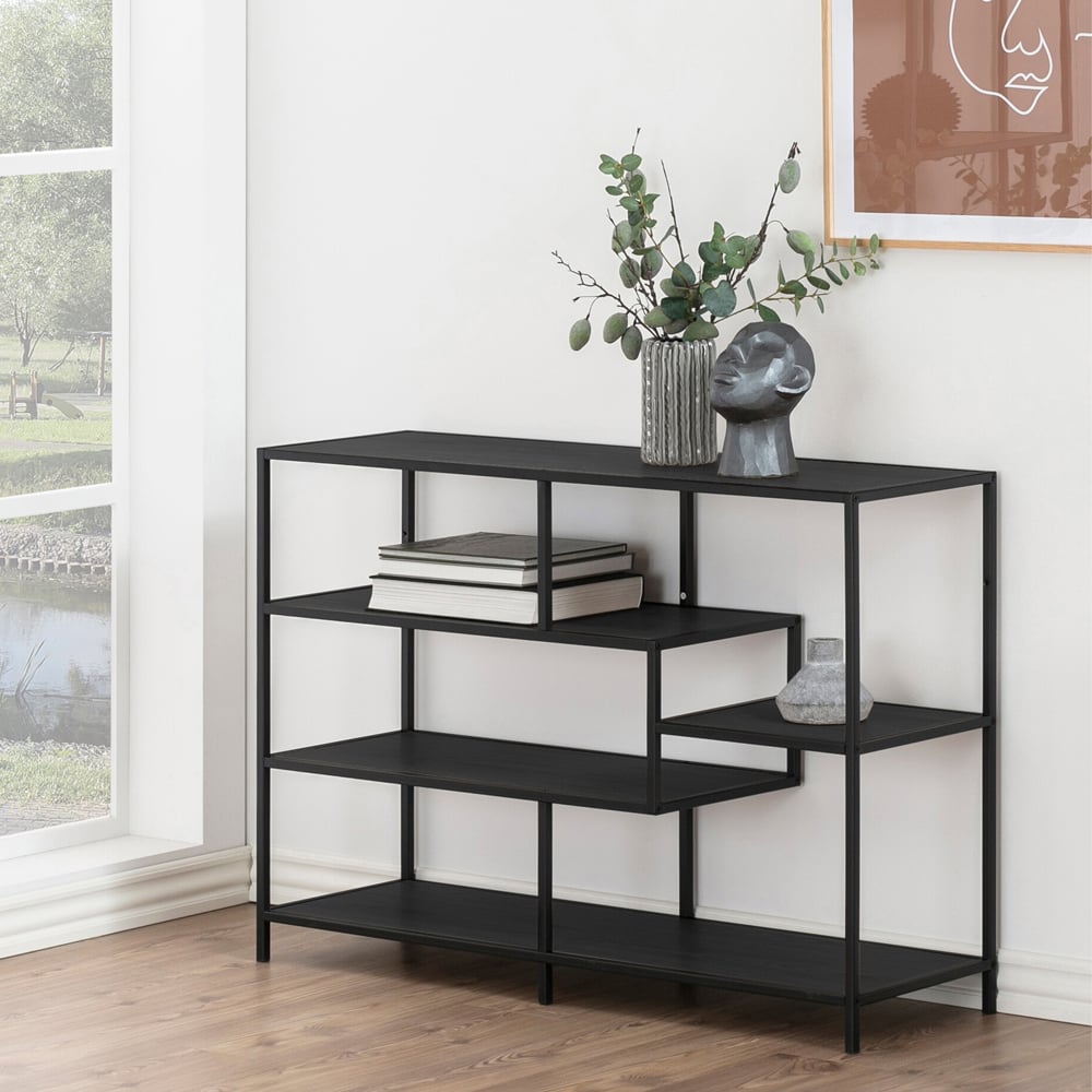 Florence Seaford 4 Shelf Black and Oak Metal Wide Bookcase Image 7