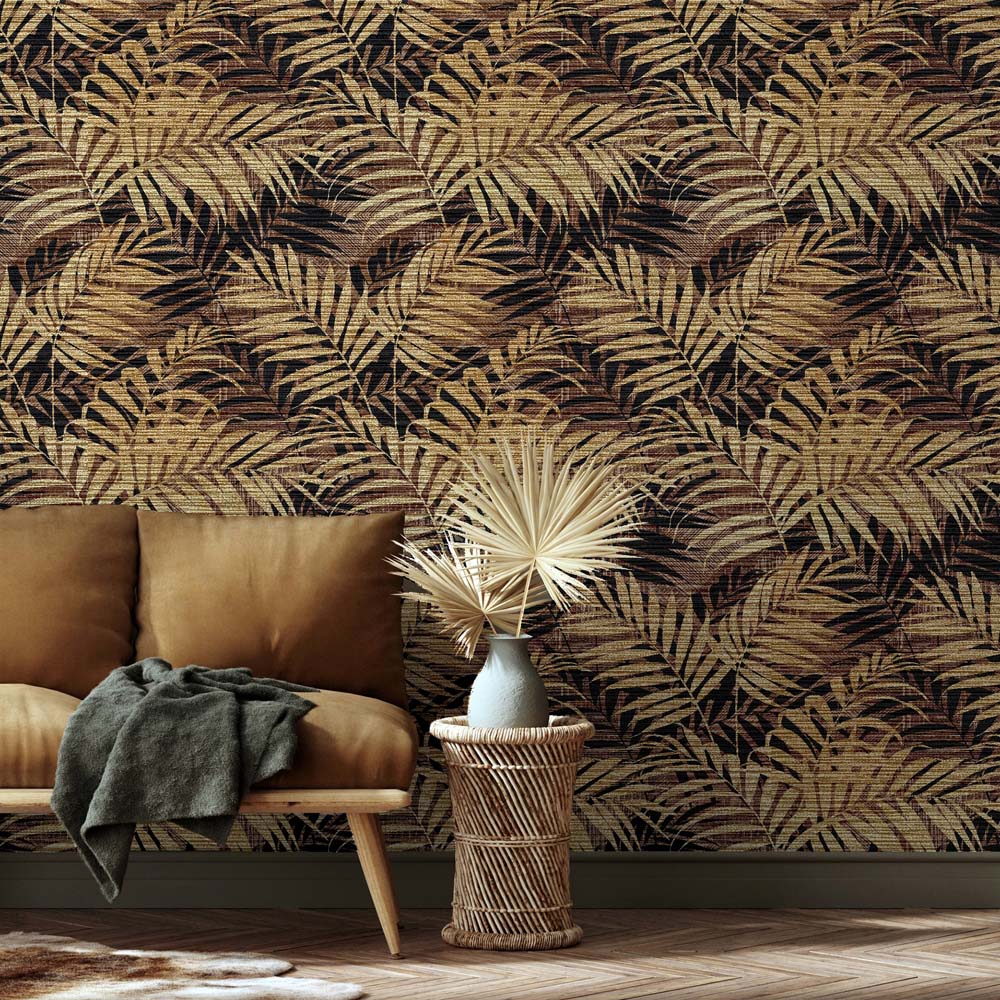 Arthouse Textured Palm Leaf Chocolate and Gold Wallpaper Image 4
