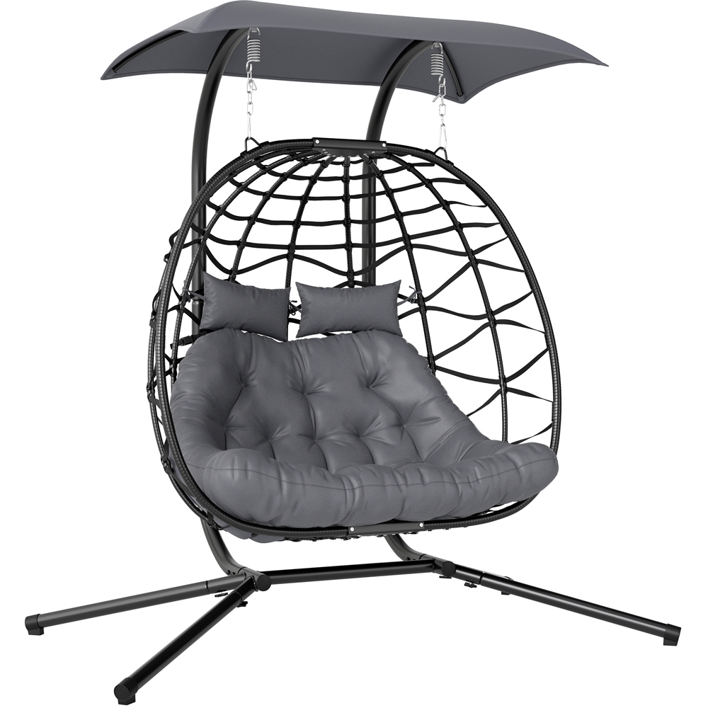 Outsunny 2 Seater Black Rattan Hanging Egg Chair with Canopy and Cushion Image 2