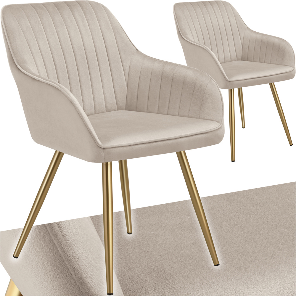 Tectake Marilyn Set of 2 Taupe and Gold Quilted Velvet Continuous Backrest Dining Chair Image 2