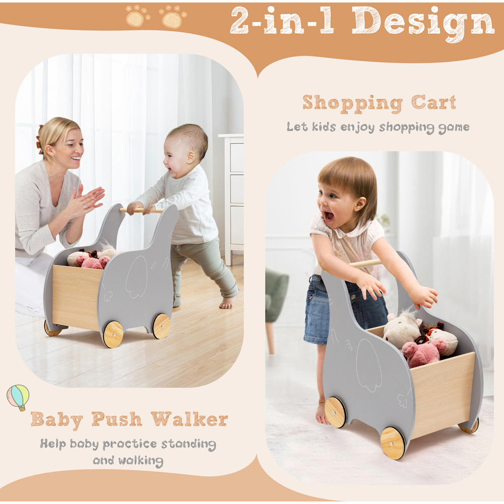 Costway 2 in 1 Grey Wooden Baby Walker with Storage Chest Image 5