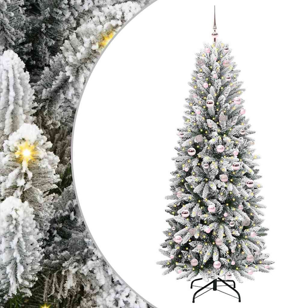 vidaXL Pre-Lit Pink Baubles Artificial Snow Flocked Christmas Tree 7ft Image 2