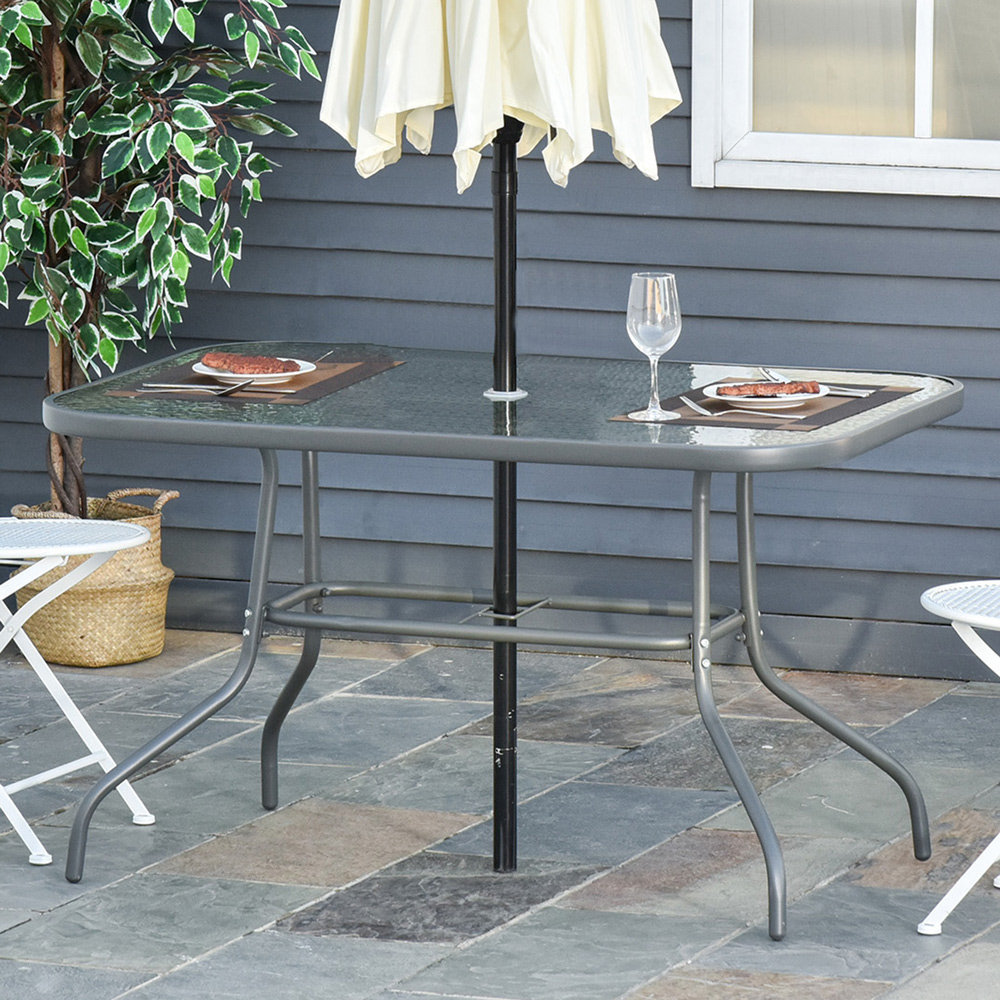 Outsunny Grey Glass Top Curved Metal Garden Table with Parasol Hole Image 1