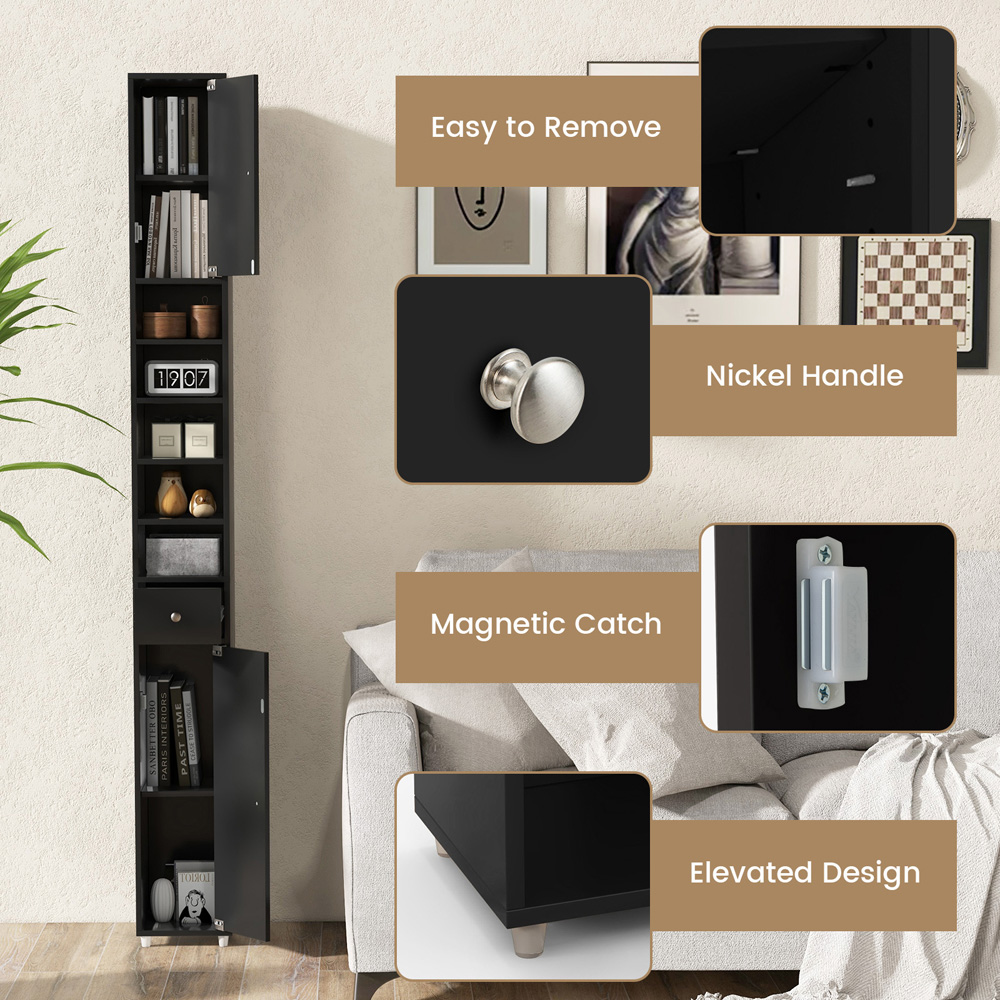 Costway 2 Door Single Drawer Black Tall Bathroom Cabinet Image 9