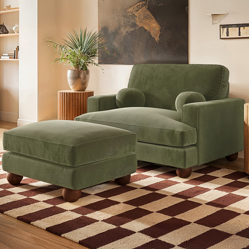 Solace+Co Addison Khaki Green Velvet Loveseat and Footstool Set Image 1