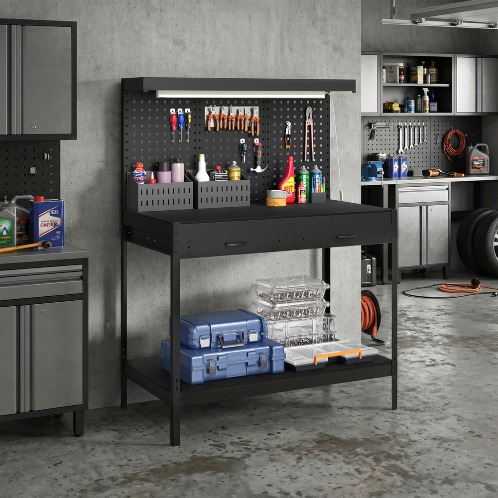 HOMCOM 2 Drawer Single Shelf Black Workbench with Pegboard and LED Light Image 2