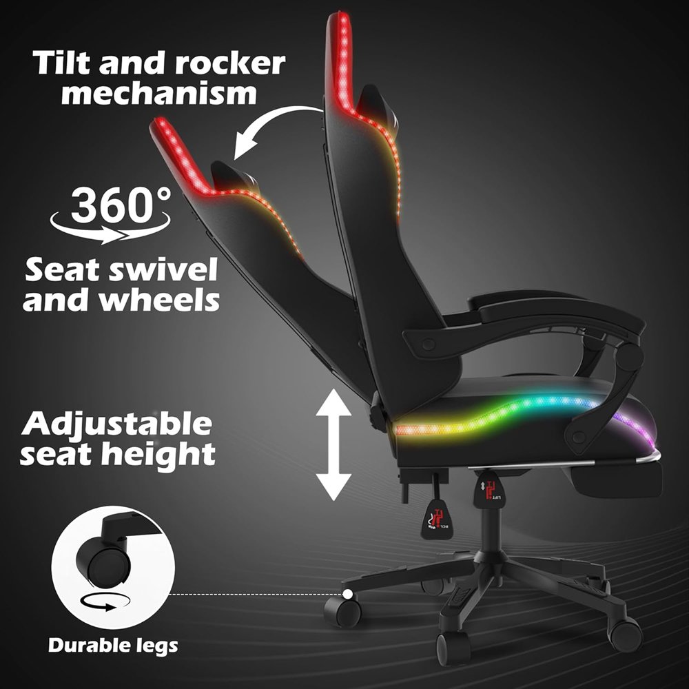 Alivio Black PU Leather Wireless App Control LED Gaming Chair with Massage Lumbar Cushion Image 6