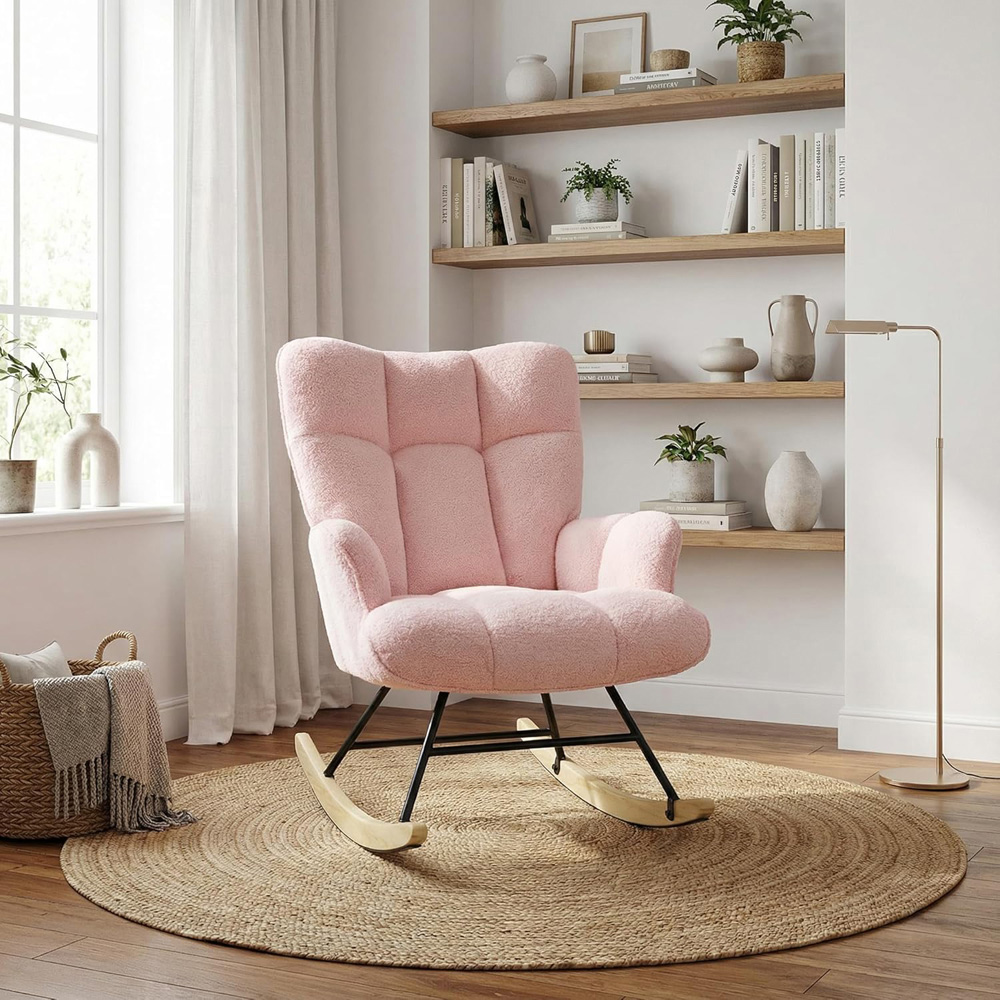Alivio Pink Teddy Plush High Backrest Rocking Chair | Wilko