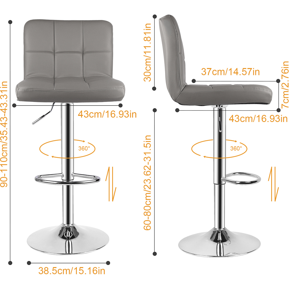 Rattrix Set of 2 Grey Leather Height Adjustable Swivel Bar Stools Image 9