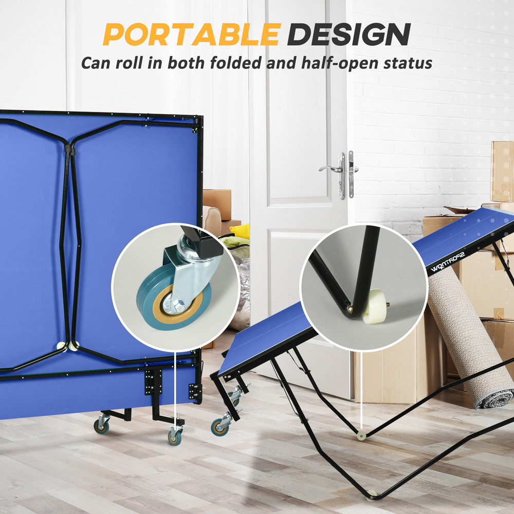 SPORTNOW Blue Foldable Indoor Tennis Table Set with 8 Wheels Image 5