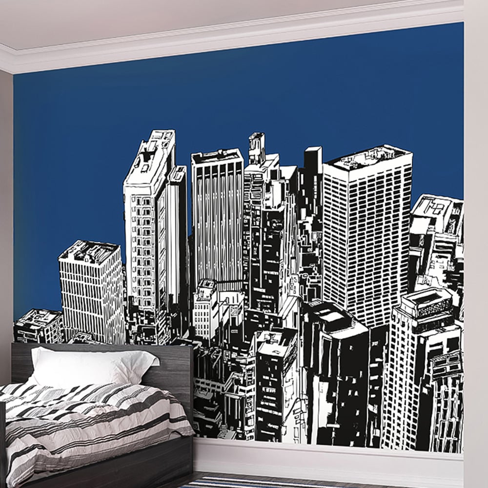 Origin Murals Urban City Skyscrapers Blue Wall Mural Image 1