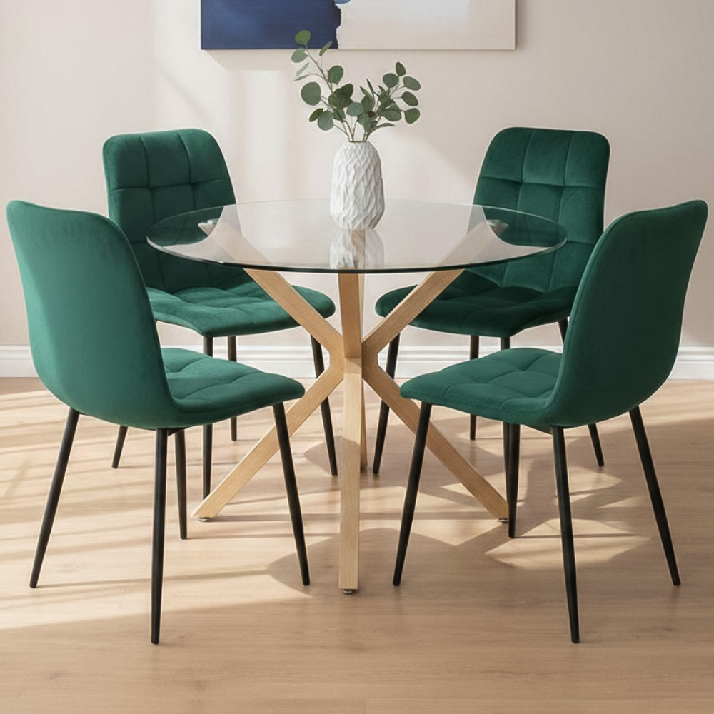 Portland 4 Seater Velvet Tufted Glass Tabletop Round Dining Set Green Image 1