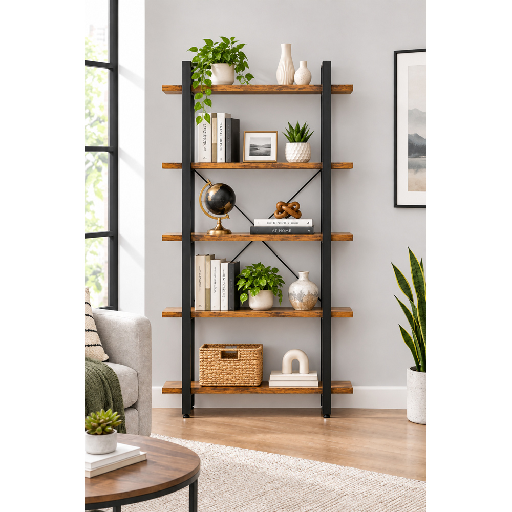 Modcraft 5 Shelf Rustic Brown Ladder Bookcase Image 6