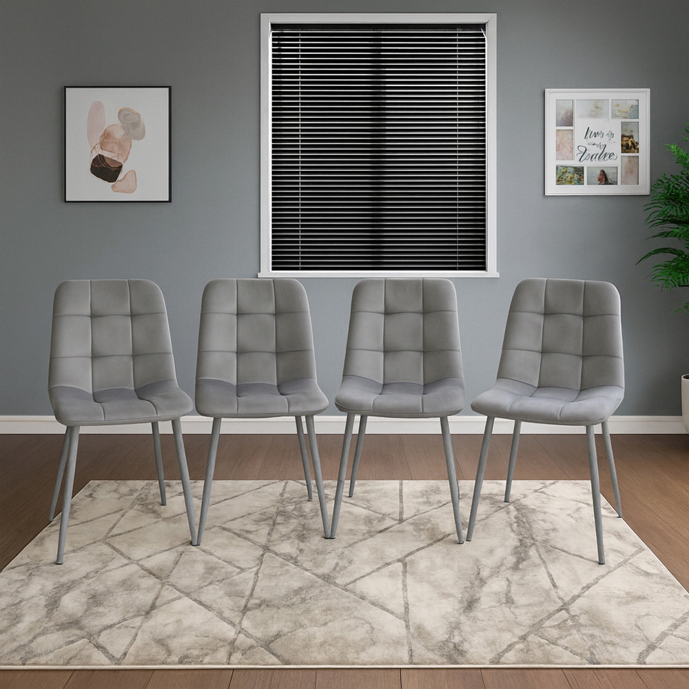 Portland 4 Seater Velvet Tufted Glass Tabletop Round Dining Set Grey Image 2