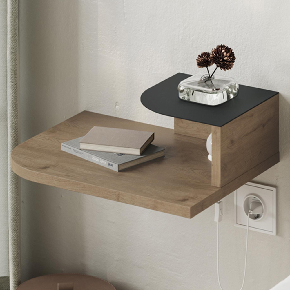 Decortie Luno 2-Tier Natural Oak Wall Mounted Bedside Table with Night Light Image 1