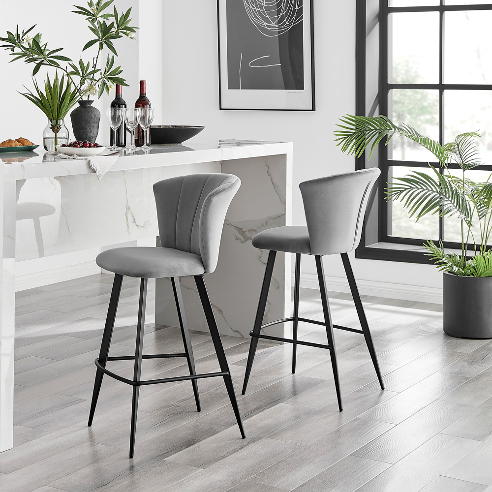 Furniturebox Hazel Grey and Black Velvet Bar Stool Set of 2 Image 2