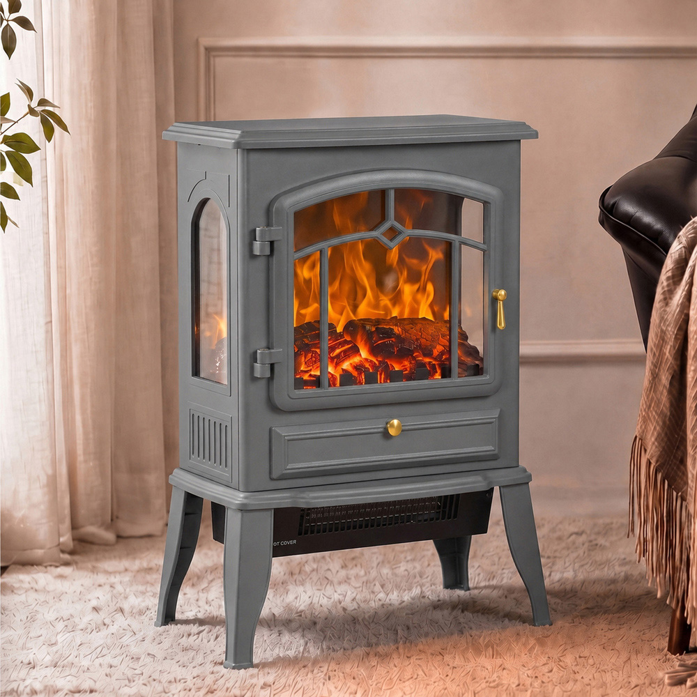 HOMCOM 3-Sided Grey Electric Fireplace Stove with Realistic Log Flame Effect Image 2