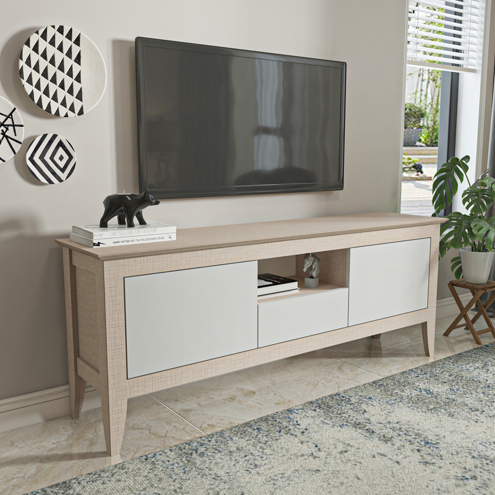 Decorotika Verde 3 Door Single Shelf Beige and White TV Unit Image 7