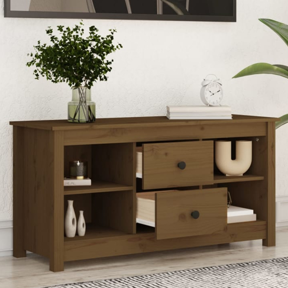 vidaXL 2 Drawer 4 Shelf Honey Brown Solid Pine Wood TV Cabinet Image 1