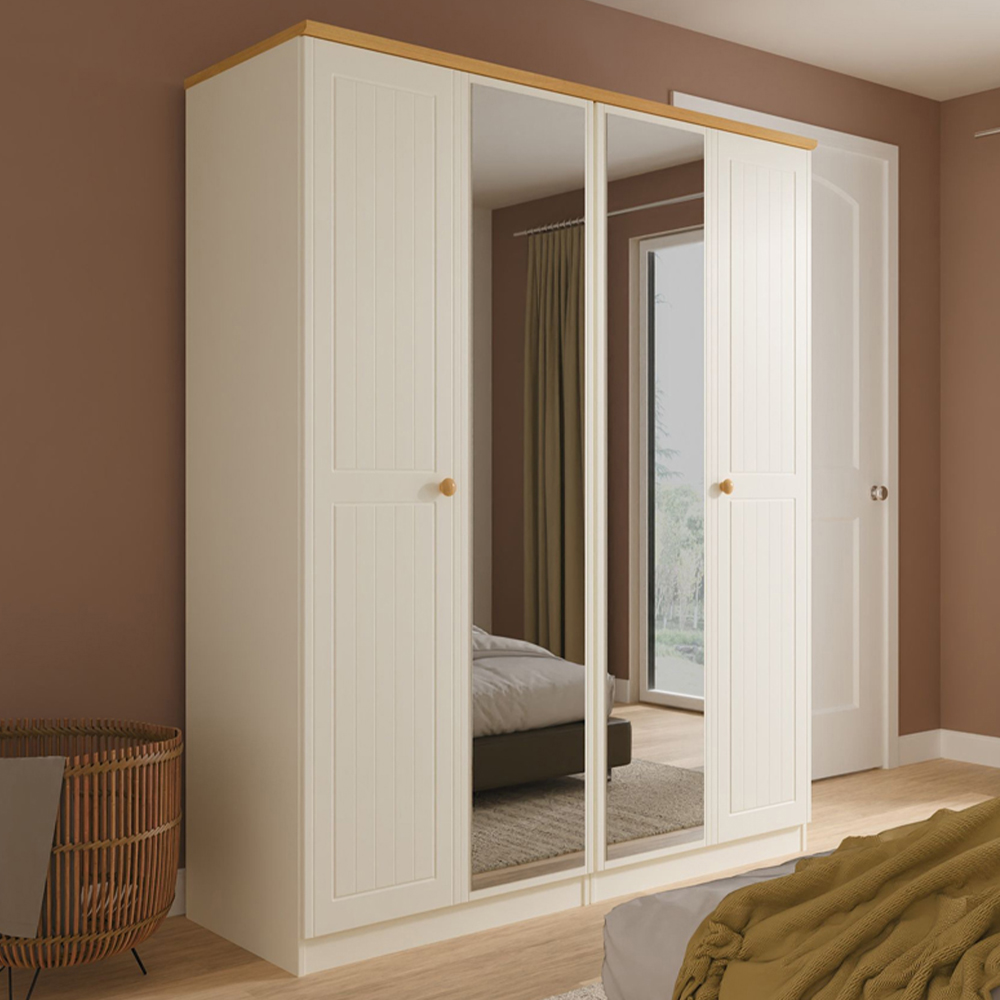 Crowndale Warwick 4 Door Cream Ash and Modern Oak Mirror Wardrobe Ready Assembled Image 1