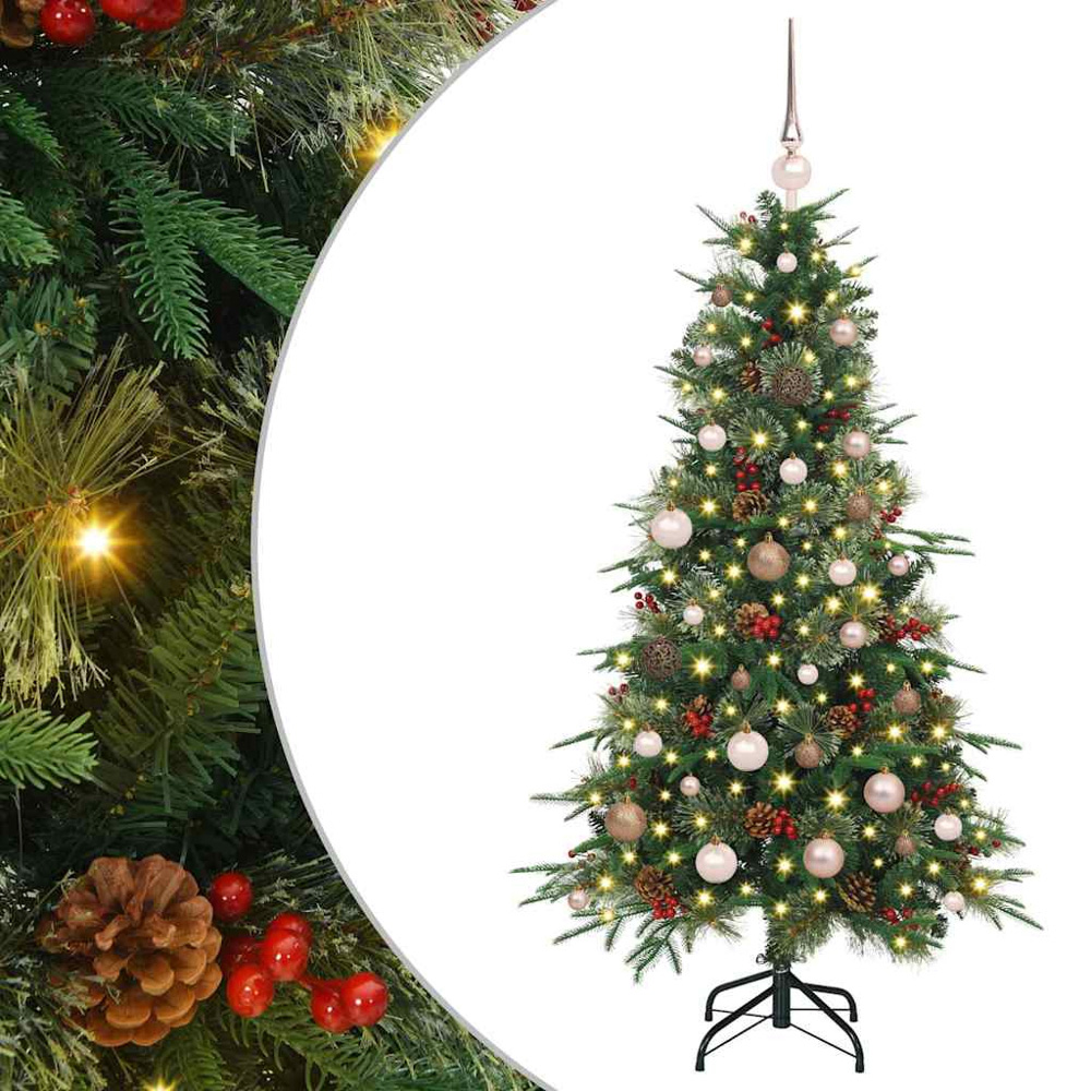 vidaXL Pre-Lit Rose Gold Baubles Green Artificial Hinged Christmas Tree 5ft Image 2
