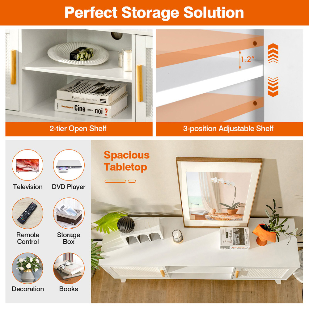 Costway 2 Door White Rattan TV Unit Image 7