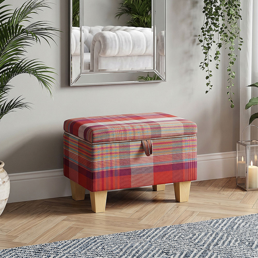 Living and Home Red Tartan Linen Storage Ottoman Image 7