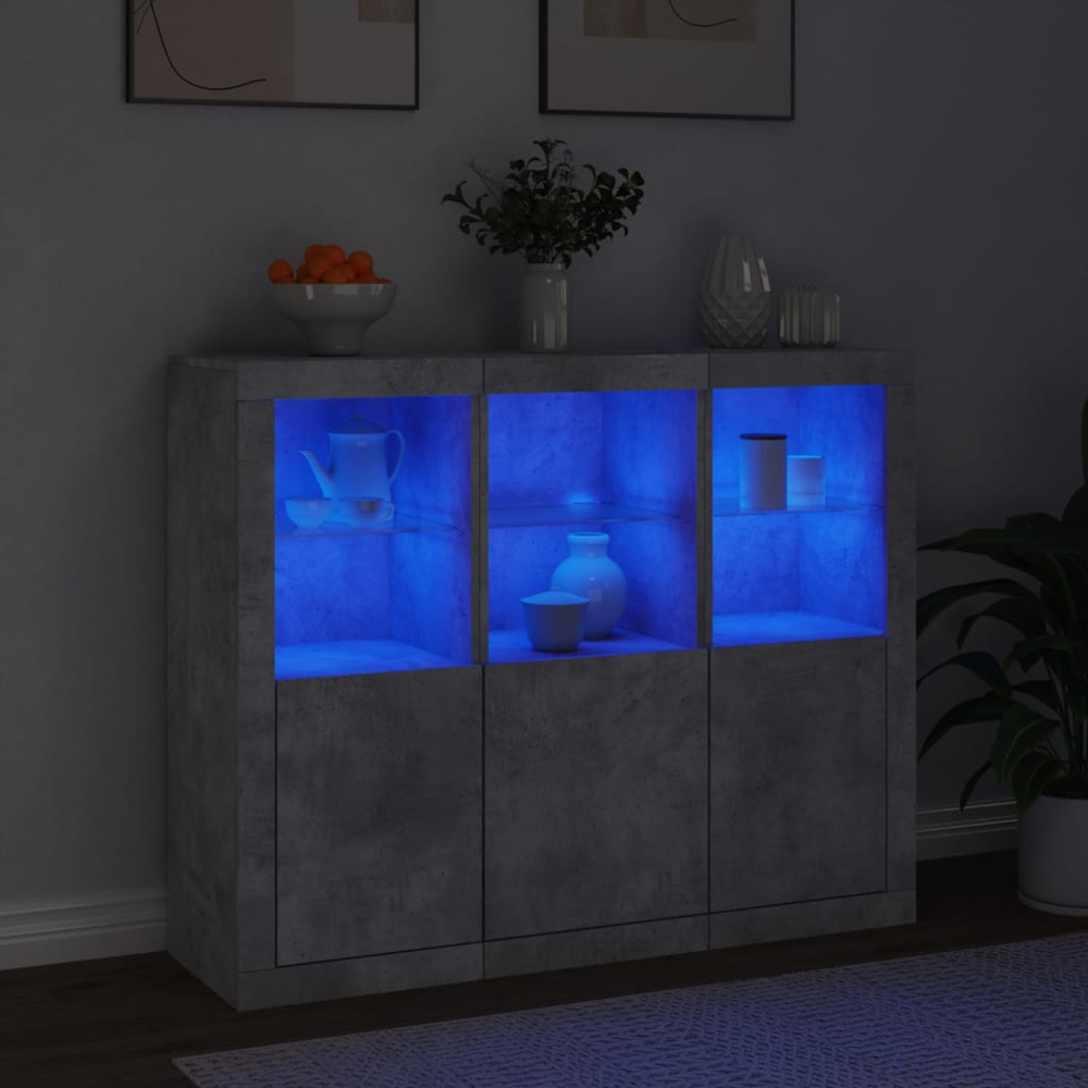 vidaXL 3 Door 6 Shelf Concrete Grey Sideboard with LED Lights 3 Pack Image 9