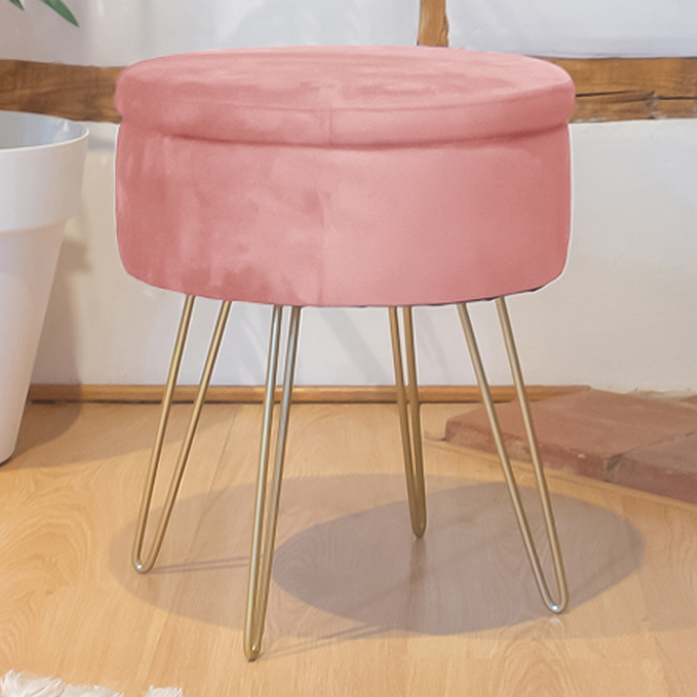 Harbour Housewares Pink and Gold Velvet Round Footstool with Storage Image 1