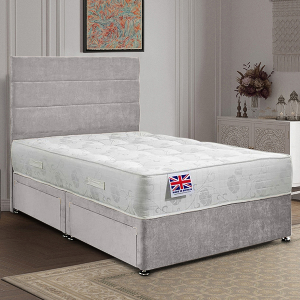 Eleganza Home Repose Double Silver Plush Velvet 2 Drawer Divan Bed with Lined Headboard Image 1