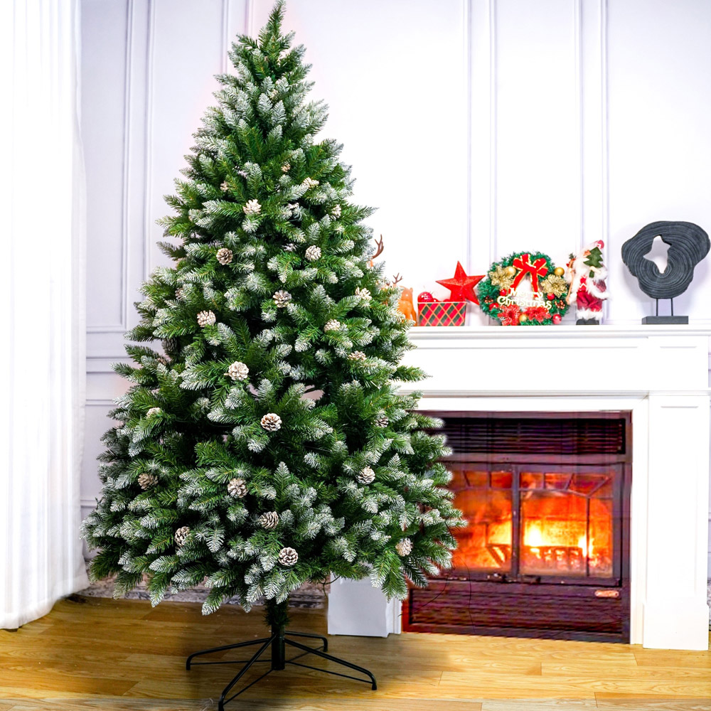 Abrihome White and Green Snowflake Spray Belt Pine Cone Artificial Christmas Tree 6ft Image 2