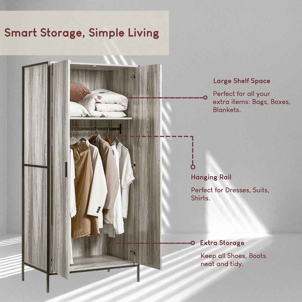 Vida Designs Brooklyn 2 Door Grey Industrial Wardrobe with Hanging Rail and Shelf Image 6