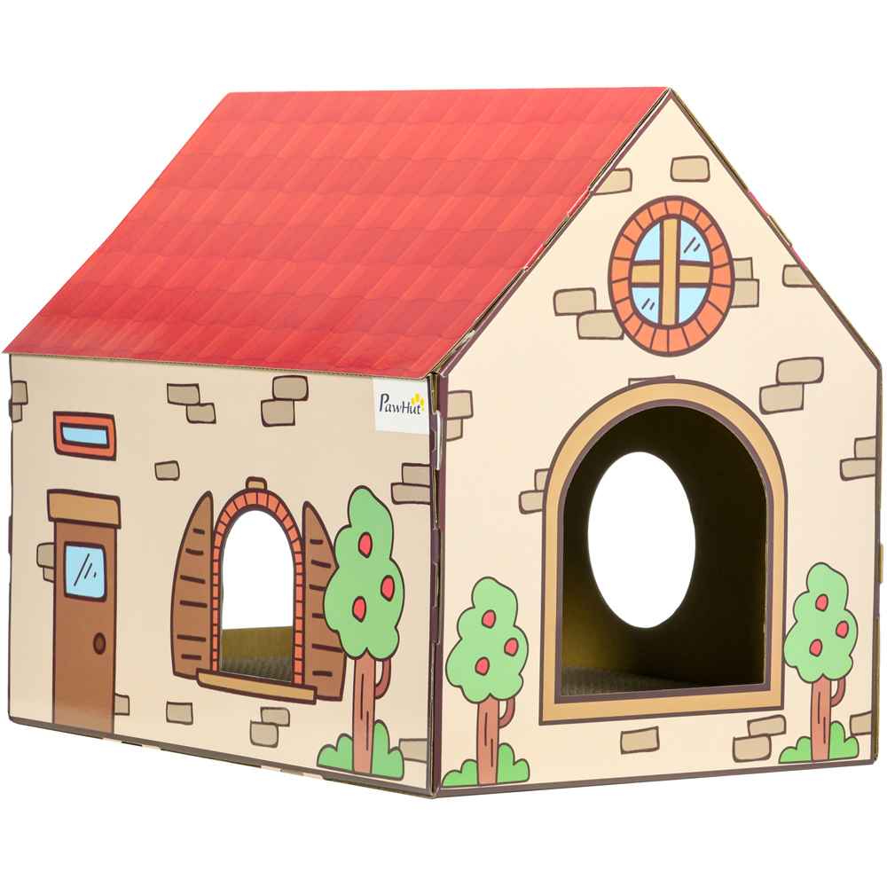 PawHut House Shaped Scratching Board and Cat Bed Image 1