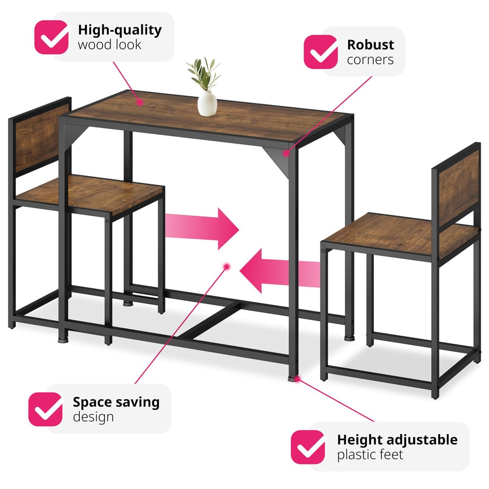 tectake Milton 2 Seater Industrial Dark Wood Dining Set Image 3