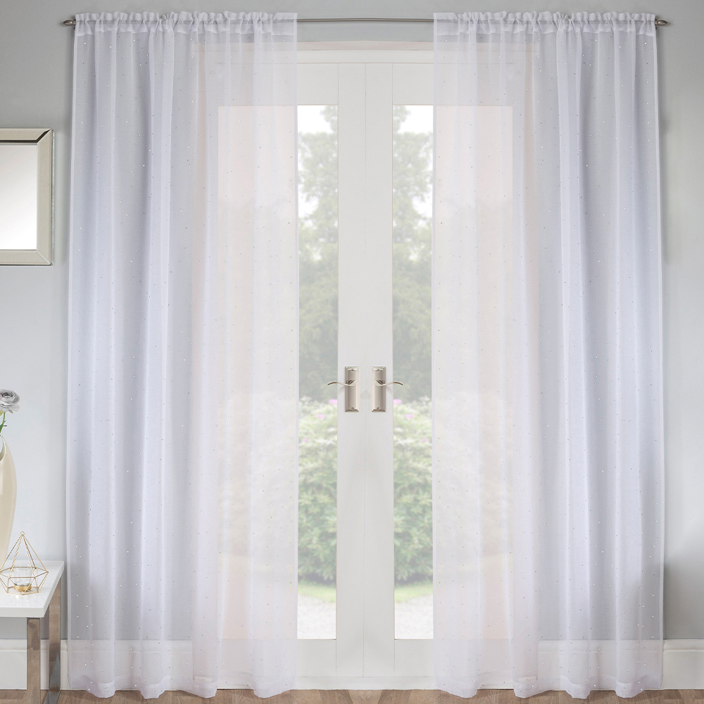 Tyrone Textiles Jewel White Diamante Embellished Rod Pocket Voile Panel Curtains 140 x 122cm Image 1