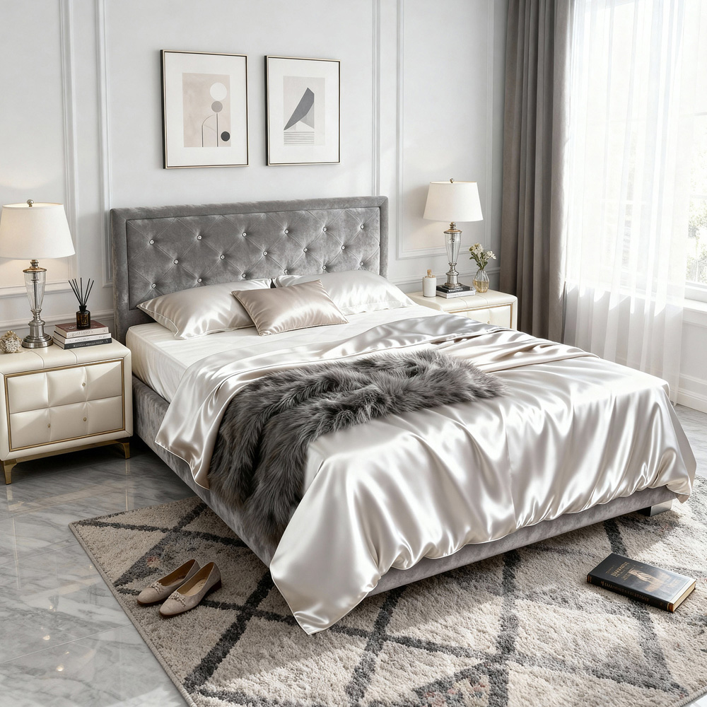 Brooklyn King Size Grey Crushed Velvet Diamante Ottoman Bed Image 2