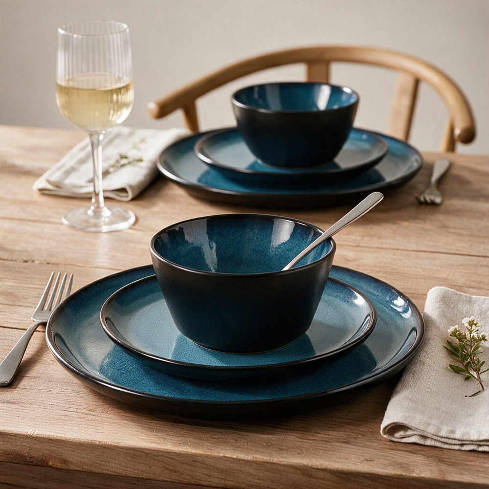 Waterside Blue Reactive Glaze Lipped 12 Piece Dinner Set Image 2