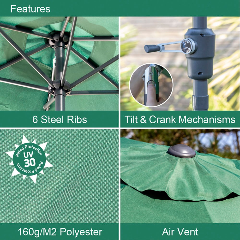 GardenKraft Dark Green 6 Ribs Crank and Tilt Parasol 2.5m Image 5