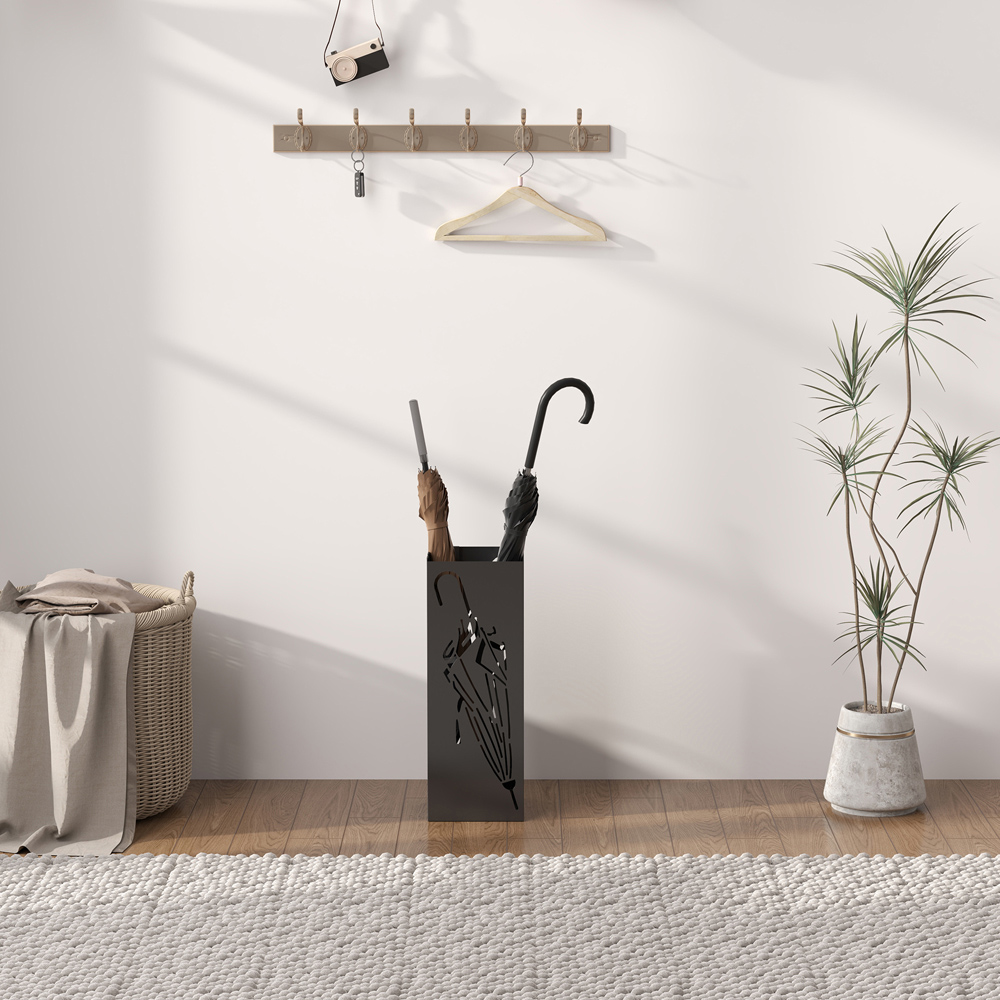 HOMCOM 4 Hooks Black Square Freestanding Decorative Umbrella Holder with Drip Tray Image 6