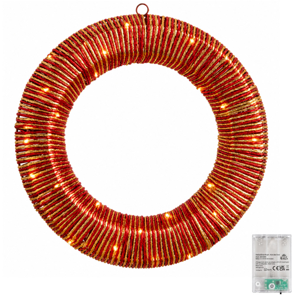 Samuel Alexander Warm White LED Red and Gold Braid Christmas Wreath 40cm Image 2