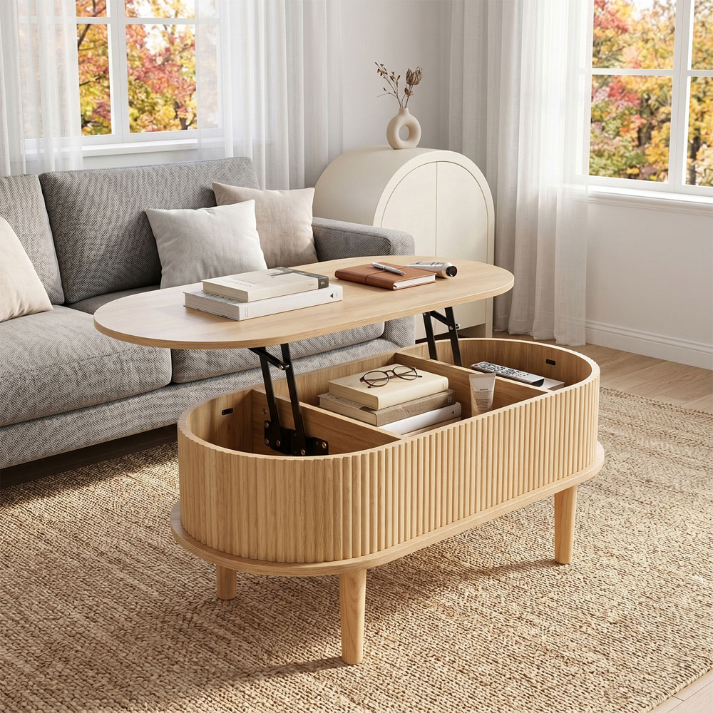 Living and Home Natural Oval Lift-Top Coffee Table with Hidden Storage Image 7