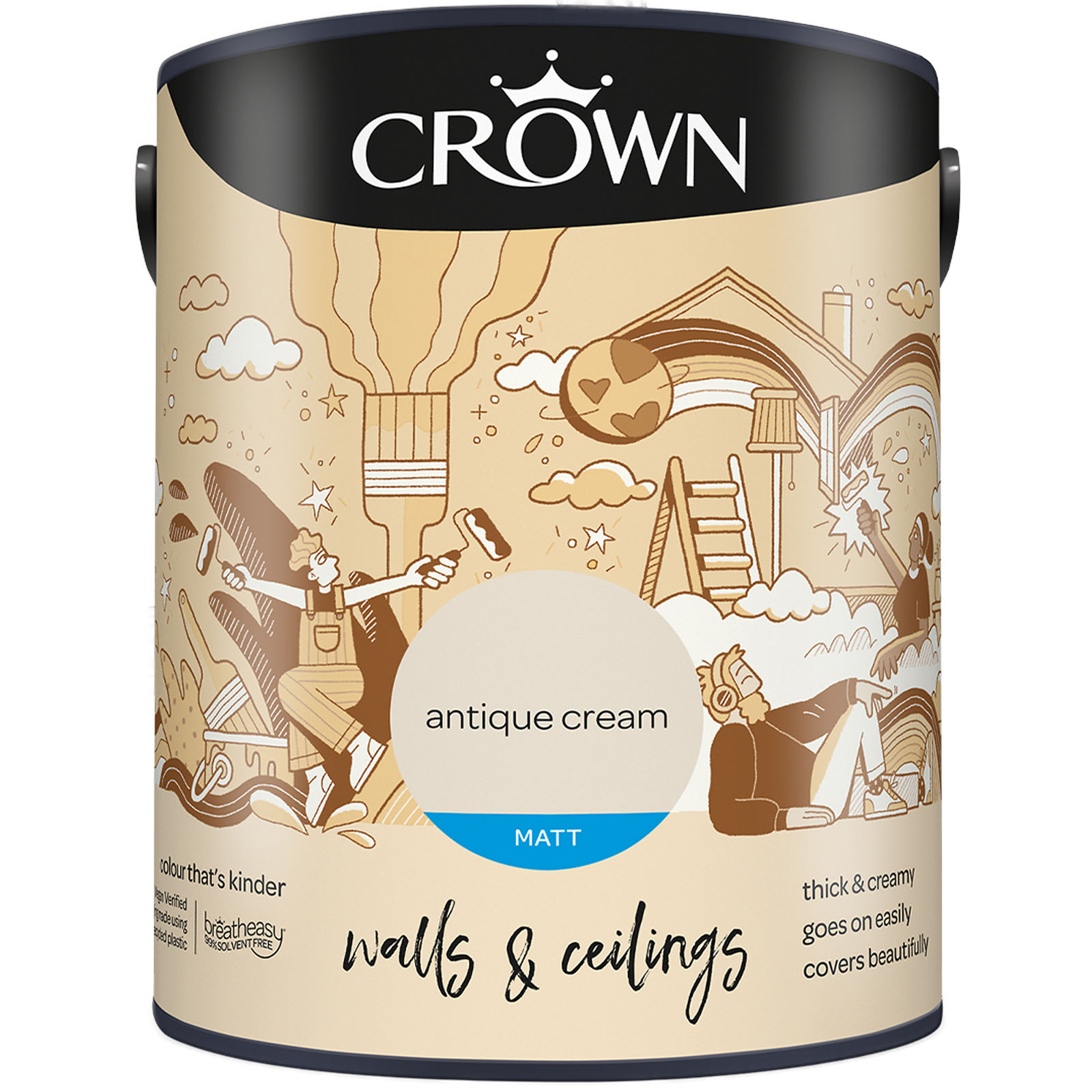 Crown Breatheasy Walls & Ceilings Antique Cream Matt Emulsion Paint 5L Image 2