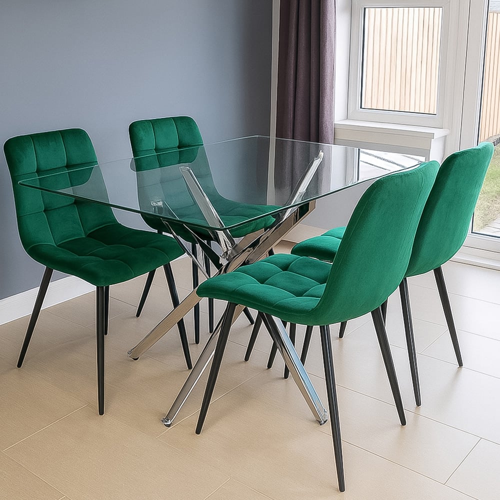 Kosy Koala 4 Seater Glass Rectangle Dining Set Green Velvet Image 1