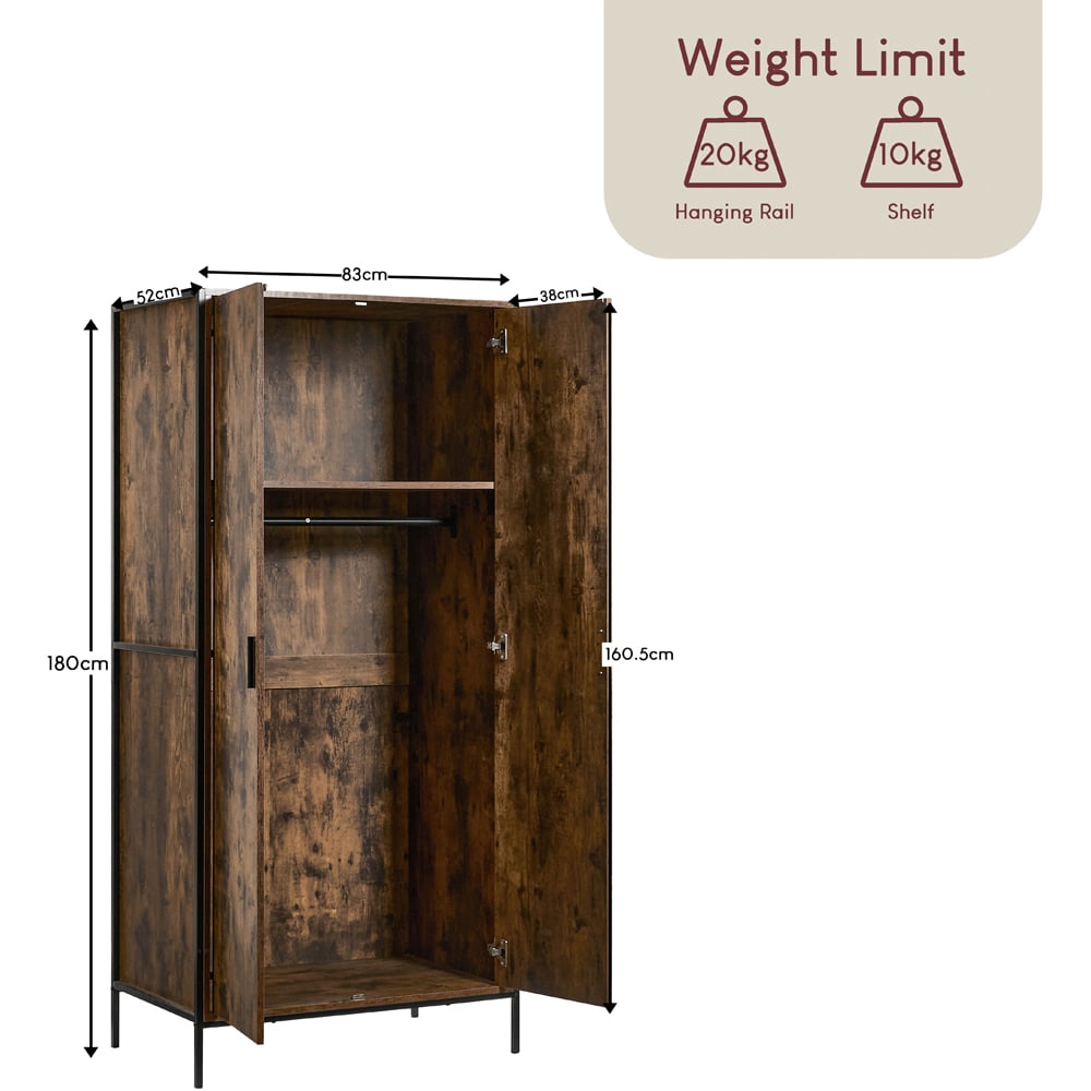 Vida Designs Brooklyn 2 Door Dark Wood Industrial Wardrobe with Hanging Rail and Shelf Image 8