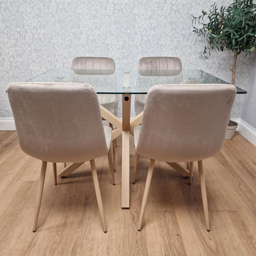 Kosy Koala 4 Seater Tempered Glass Velvet Dining Set Beige Image 5