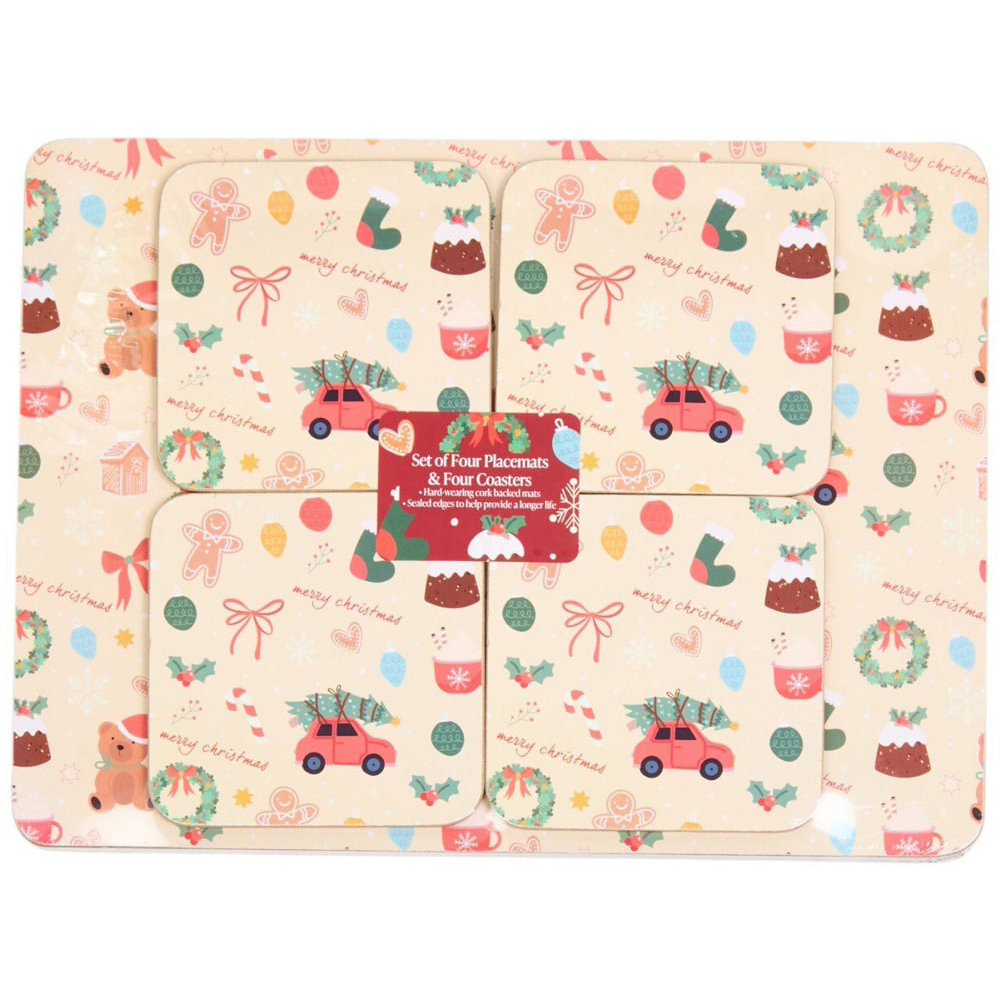 Merry Christmas Placemat and Coaster Set Pink Image 1