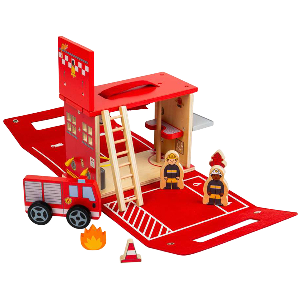Bigjigs Toys Kids Fire Station On The Go Portable Playset 8 Piece Image 1