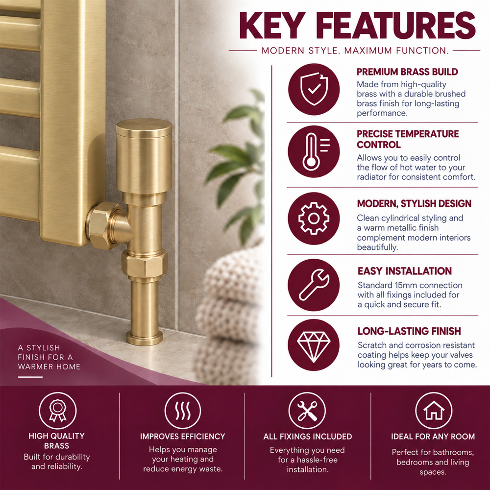 Go Bathrooms Gold Straight Radiator Valve Set 15mm Image 4