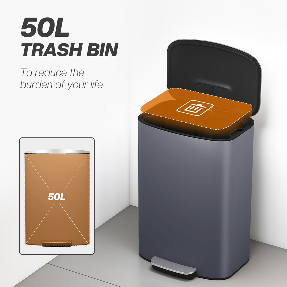 HOMCOM Grey Pedal Bin with Soft-Close Lid and Carry Handle 50L Image 8